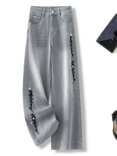 Ice Silk Fine Cotton High-Waist Heavy Embroidery Rhinestone Straight Jeans